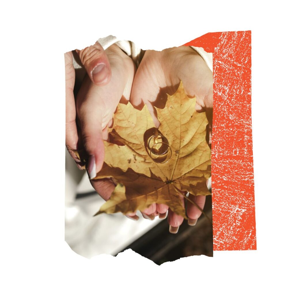 Mani di uomo e donna che sorreggono una foglia e una coppia di fedi nuziali