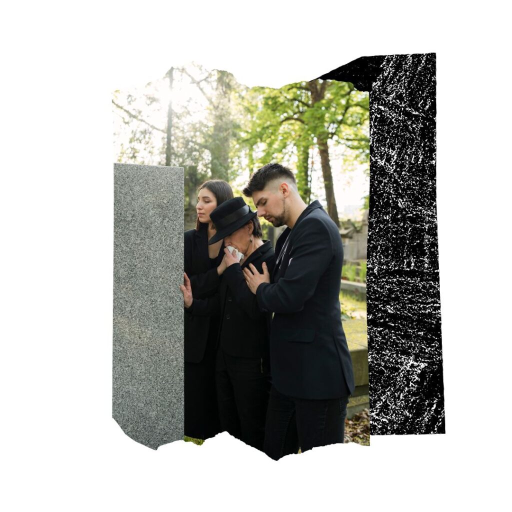 Famiglia in lutto davanti a una tomba