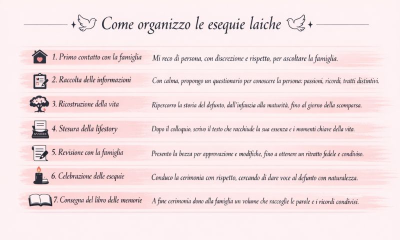 Infografica che riassume in quali step la celebrante Stefania Marvulli organizza le esequie funebri